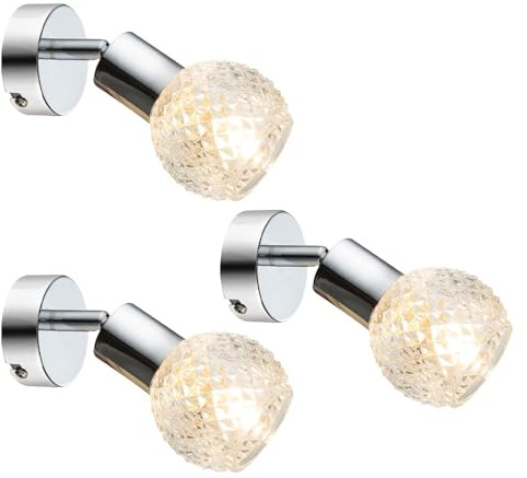Wandlampe Wandleuchte Spotlampe Spotleuchte Wandspot Flurlampe, Spot beweglich, Chrom Glas weiß, 1x E14 Fassung, HxBxA 15,5x8x17cm, 3er Set