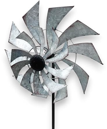 AcaciaHome Metal Windmill Spinner Garden Stake - Weatherproof, Durable - Grey - 150 cm - Retro Style