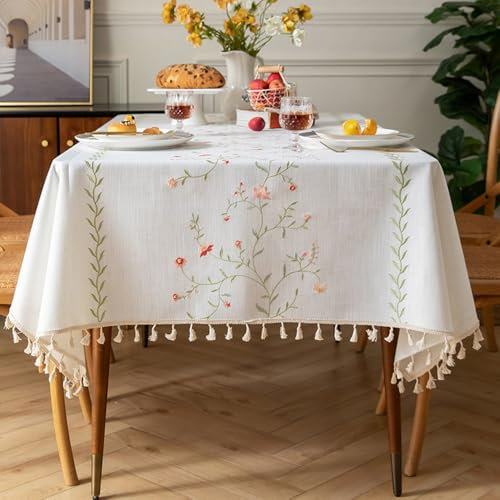 Pahajim Rechteckige Tischdecke aus Baumwollleinen, staubdicht, wasserdicht, Tischdecke mit Quaste für Küche, Esstisch im Freien (140 x 224 cm)