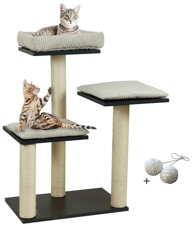 Rohrschneider moderner Kratzbaum für kleine & mittelgroße Katzen | mehrstöckiger Katzenbaum mit entfernbaren waschbaren Cord Kissen | inkl. Katzenspielzeug (schwarz, L 76 x B 54 x H 93 cm)