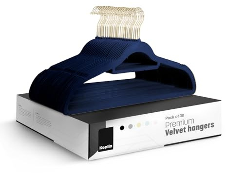 KEPLIN Velvet Hangers 30 Pack (41.5cm) - Non-Slip Clothes Coat hangers with Tie Bar and 360 Degree Hook for Home Storage Durable, Sturdy & Space Saving Wardrobe (Navy Blue, 30 Pack)