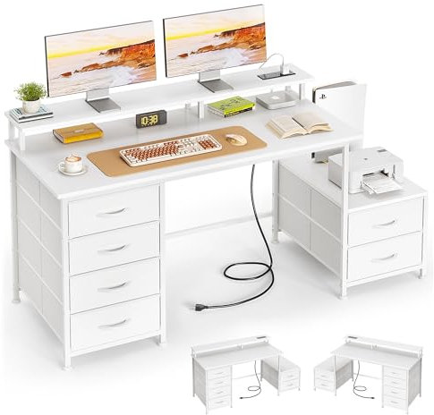 Flrrtenv 128cm Desk with Fabric File Cabinet, Computer Table with Shelves and Drawer, Industrial Writing Table with Monitor Stand, Study Table Workstation for Home Office, White