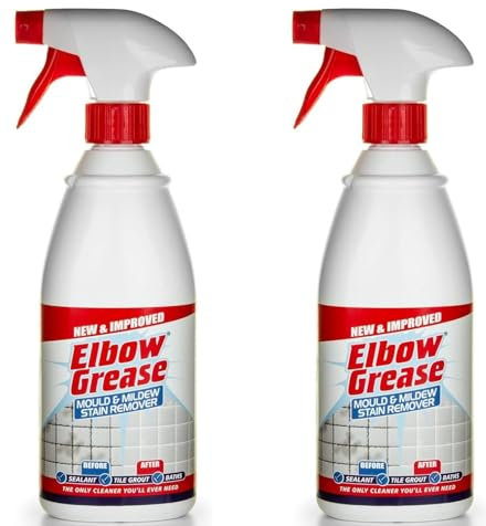 Elbow Grease Mould and Mildew Stain Remover Spray 700ml - Powerful Bleach Formula for Indoor and Outdoor Use - Cleans Tiles Sealants, Grout, Baths, Showers, Toilets White - 2 Pack 700ml
