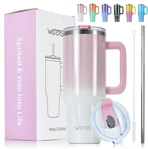 WATERSY 40oz Kaffeebecher to Go Thermobecher Doppelwandiger Edelstahl Vakuum Auslaufsicher Trinkbecher mit Griff und Strohhalm Rosa Weiß Glänzend