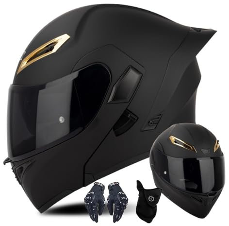 CNNGU Casque de moto modulaire avec gants et couvre-visage, homologué ECE pour homme et femme, taille S (55 cm ~ 56 cm), couleur noire