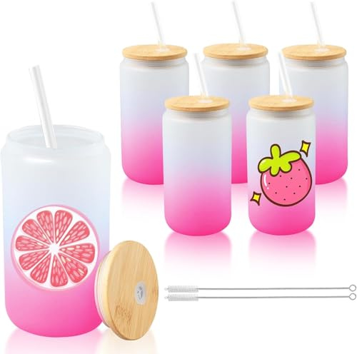 Malloom 6 Stück Sublimations Glasdosen, 16 Unzen Sublimations Bierkrüge mit Bambusdeckeln und Strohhalmen Farbige Gläser aus Borosilikatglas Trinkgläser für Saft, Soda, Bier, Eiskaffee (Rosa)