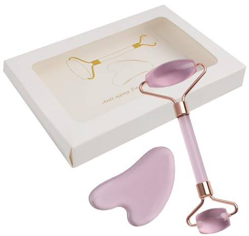 Rouleau en quartz rose et pierre Gua Sha - Appareil de massage du visage pour raffermissement de la peau - Pierre de massage Gua Sha pour les gonflements des yeux - Rouleau anti-âge en quartz rose