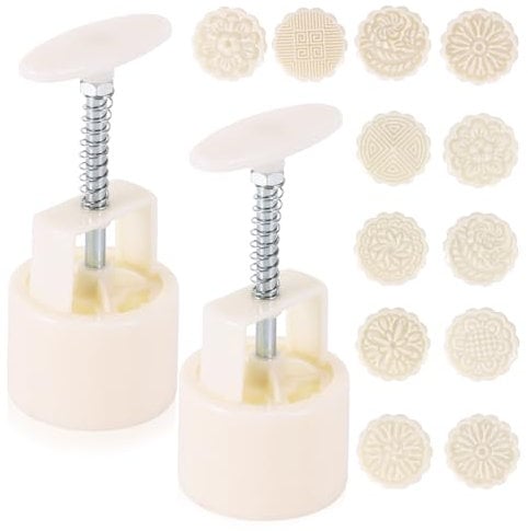 OUZHOU 2 Set Moon Cake Mould, 75g Mooncake Mould Press with 12 Cookie Stamps, Flower Mooncake Biscuit DIY Baking Tools, Mid-Autumn Festival 3D Hand-Pressure Cookie Muffin Cupcake Dessert