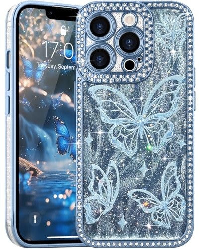 L-FADNUT for iPhone 13 Pro Max Glitter Case Diamond Butterfly TPU, Blue | Lovely Butterfly Pattern Bling Rhinestone Phone Case, Camera Protection Sparkly Slim Soft Silicone Back Cover for Women Girls