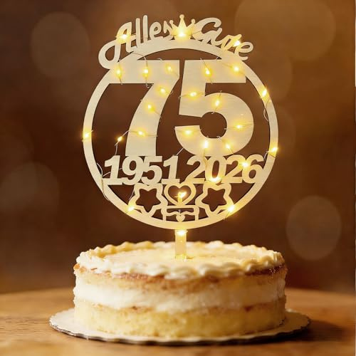 Tortendeko 75 Geburtstag Frau Mann 1951-2026, Seutgjie Deko 75. Geburtstag Jubiläum Cake Topper Holz mit LED Lichterkette Tortenaufleger Blumenstecker
