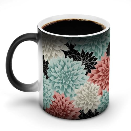 LPAGBCNU Tasse à café de 325 ml avec motif fleur de dahlia à changement de couleur, tasses à café à changement de chaleur avec poignée, tasse magique sensible à la chaleur pour homme et femme, tasse