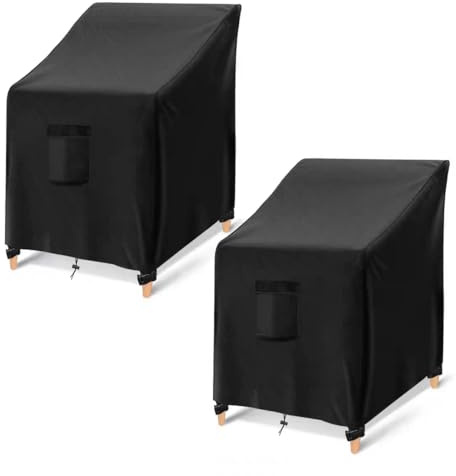 2pcs Garden Chair Covers Waterproof, Heavy Duty 600D Oxford Fabric Outdoor Chair Covers with Windproof Straps & Air Vents, Universal Fit for Stacking Chairs, Armchairs, Patio Furniture (Black)