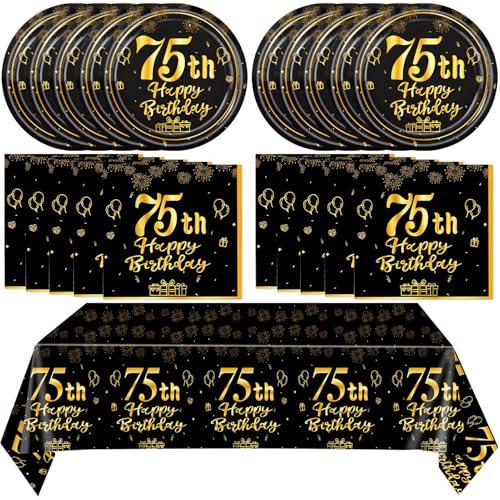 75th Birthday Decorations- Black and Gold Theme Tableware with 20 Napkins, 20 Plates, 1 Tablecloth for 75th Birthday Celebrations Back In 1950s Party Supplies Serves 20