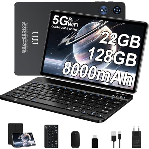 Tablette Android Octa-Core 2,0 GHz, 22Go RAM+128Go ROM (Extensible à 2 To ) 8000 mAh, 5G WiFi /Bluetooth 5.0, Double Caméra, GMS Widevine L1,5 MP+8 MP, Tablette 10 Pouces avec Clavier et Souris-Noir