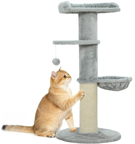 PawHut Árbol Rascador para Gatos 103,5 cm con Torre Escalador Gris Claro | Cama, Hamaca, Plataforma, Poste de Sisal Extra Grueso, Bola Colgante, Árbol para Gatos