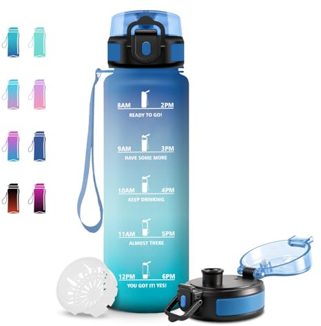 JAPORIA Trinkflasche 1L, Wasserflasche mit Filter und Zeitmarkierung, Sportflasche für, Gym, Camping, Wandern, Fahrrad, Yoga