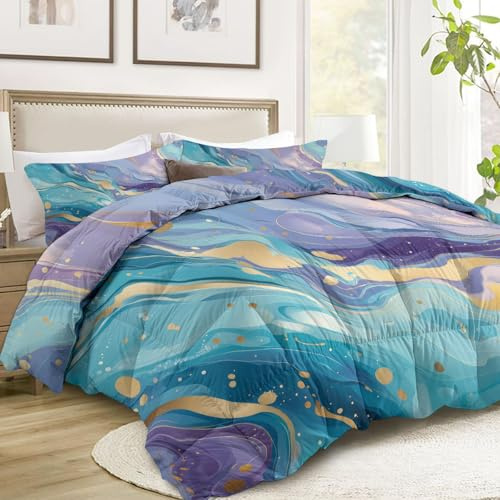 Bettdecke Ohne Bezug 135x200 cm, 4 Jahreszeiten Bettdecken - Abstrakte Linien Blauer Marmor Steppdecke Lila Ganzjahresdecke - Waschbar Warme und Weiche Bettzeug mit 2 Kissenbezug 80x80 cm