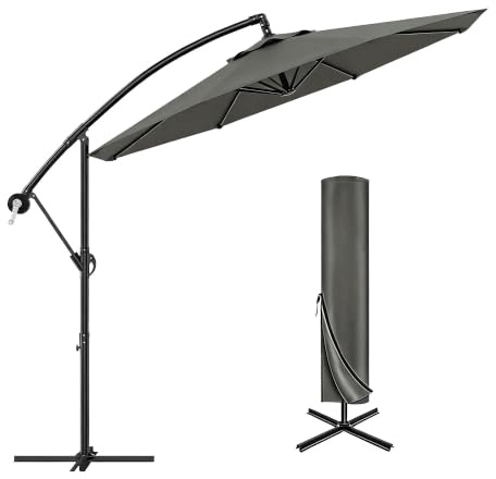 EuKer Parasol voladizo 300 cm para jardín y terraza, giratorio 360°, inclinable(Gris)