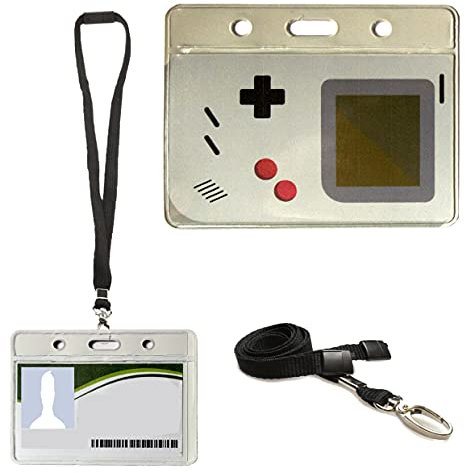 Uhr mit Cool-ID-Badge-Halter mit PVC-Tasche aus hochwertigem Metall Verschluss Clip 94 mm x 80 mm, Lanyard mit Handschlaufe für Schule, College-Ski-Pass-Uni - 94mm x 80mm Gameboy ID Badge WITH LANYARD
