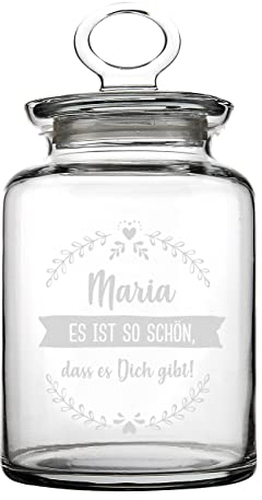 Herz & Heim® Glasdose mit Deckel und Gravur Ihres Wunschtextes in 3 Zeilen