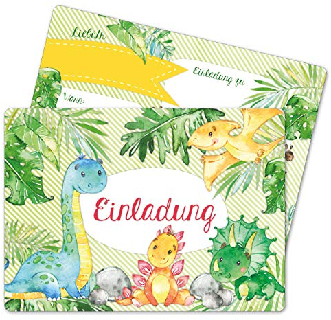 Papierdrachen 12 Einladungskarten zum Geburtstag für Kinder - Motiv Dinos - Geburtstagseinladungen für deine Geburtstagsparty (DIN A6)