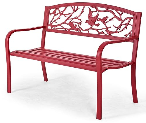DREAMADE Gartenbank Metall, Garten Sitzbank Outdoor, Eisenbank für 2-3 Sitzer, Sitzbank mit Armlehnen, Parkbank Gartenmöbel (Rot)