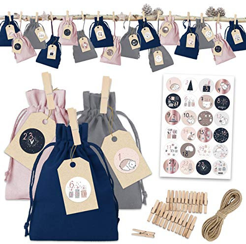 Papierdrachen 24 Adventskalender Stoffsäckchen zum Befüllen - klassischer Weihnachtskalender - Stoffbeutel zum selber Dekorieren und Basteln - Geschenksäckchen - Baumwolle - Rose-Gold - Nummer 19