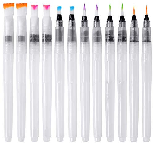ZITFRI 12 Stück Wasserpinsel Stifte Water Brush Pen Wasserpinsel mit Tank Aquarellstifte mit Auffüllbarer Wassertank Leer Water Coloring Brush Pens für Wasserfarben, Beschriftung usw.