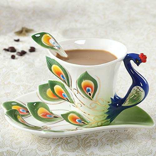 Creative Mug Peacock Coffee Cup Ceramic Creative Mugs Bone China 3d Color Enamel Porcelain Cup with Saucer and Spoon Coffee Tea Sets 180ml Green
