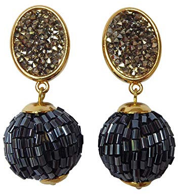 Leichte sehr große Ohrstecker Ohrringe vergoldet Strass-Optik dunkel-grau Anhänger rund graue Stäbchen elegant Fest Party Geschenk Designer JUSTWIN