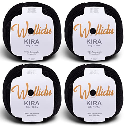 Wollidu Kira 100% Baumwolle zum Stricken und Häkeln 4 x 50g Set Häkelgarn Strickgarn - Schwarz