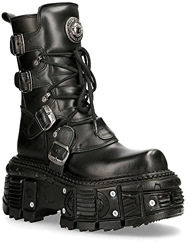 NEW ROCK TANK373-S1 Stivali Unisex con Piattaforma in Pelle Nera Stile Motociclista Gotico