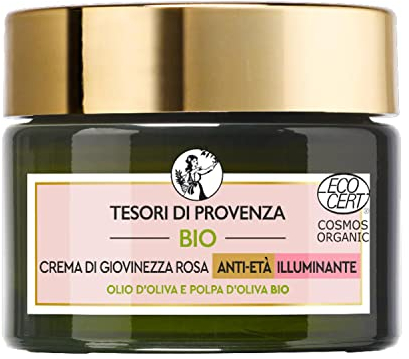 Tesori di Provenza Crema Viso Rosa Bio, Anti-età e Illuminante, Per Rughe Levigate e Pelle più Morbida, Con Olio d'Oliva BIO della Provenza, 50 ml
