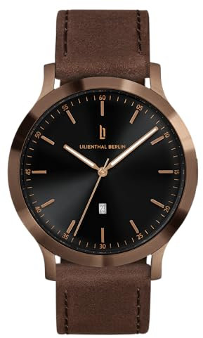 Lilienthal Berlin Herrenuhr Huxley in Bronze/Schwarz – Armbanduhr am braunen Leder-Armband – aus 316L Chirurgenstahl mit einem Quarzuhrwerk & saphirgehärtetem Mineralglas – 40 mm