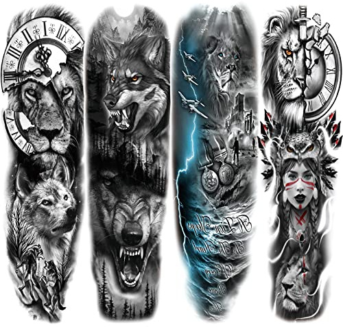 Briyhose Lion Wolf Temporary Tattoo Sleeve, Large Full Arm Animal Tribal Fake Tattoos Sleeve For Men Women Adult, Long Lasting Black Arm Temp Tatoo Sticker Leg Body Art Makeup, 4-Sheet