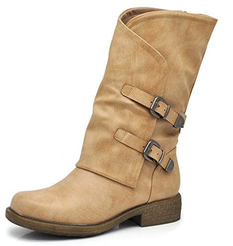 IF Fashion Scarpe da Donna Stivali Stivaletti Biker Fibbie Anfibi Polpaccio Largo G620 beige N.38