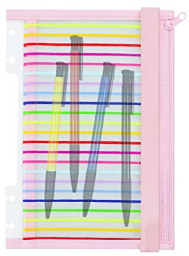 Chris.W Discbound Notebook Elastic Band Stifthalter, Junior Size Disc Bound Planner Cover Mesh Pencil Case Bag, Zipper Pouch for Pens Cards Stickers School Supplies (14x21.6 cm, Rosa mit Streifen)