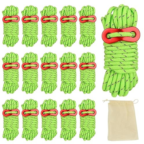 CYEER 16 PCS Tent Guy Ropes, 4MM Reflective Green Outdoor Tents Awning Guy Ropes 4M /13FT Long Heavy Duty Camping Rope Guide Lines Cord with Tensione Adjuster for Awning Camping Hiking