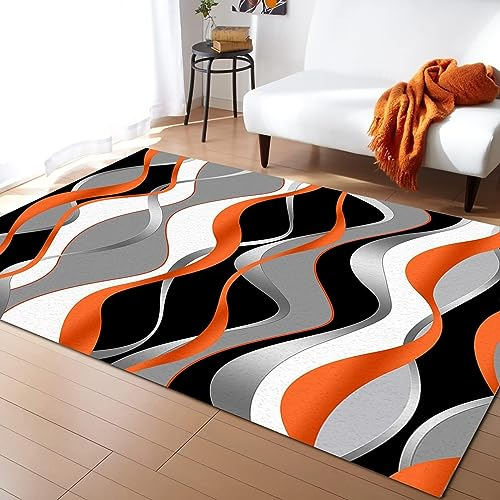 TEMLAN Abstrakte Orange Graue Wellenlinie Teppiche Gegend, Streifen Mit Farbverlaufsgeometrie Kurzflor Teppiche für Drinnen und Draußen Terrasse Balkon Garten Wohnzimmer 160 x 200cm