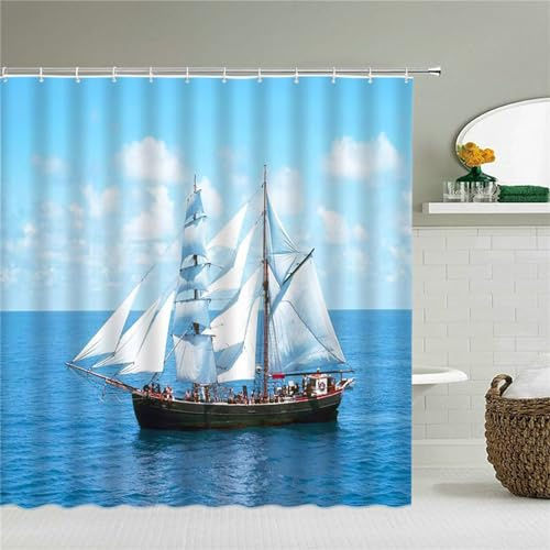 Syiboo Duschvorhang Weißes Segelboot 120x180cm Duschvorhäng Anti Schimmel,Wasserabweisend Stoff Duschrollo Waschbar,3D Draussen Bad Vorhang Schnell Trocknend,Badewanne Badezimmer Decor Vorhänge