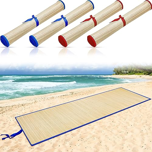 Qunclay 4 Packs Straw Beach Mat Waterproof Non Slip Straw Mat Foldable Lightweight Picnic Mat with Trim for Camping Sunbathing Picnic Floor Yoga (Blue, Red,70 x 24 Inch)