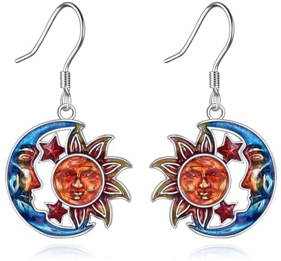 Sonne und Mond Ohrringe Silber 925 Damen Stern Sonne Ohrhänger Hängend Ohrringe Boho Schmuck für Frauen