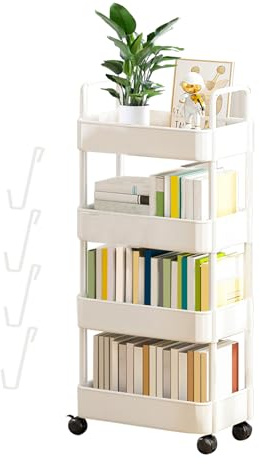 4 Stufiger Rollwagen Mit Rädern - Bücherregal Badregal Mobiler Aufbewahrungsregal Organizer | Beweglicher Snackwagen | Rollwagen-Organizer Für Mehrzweckwagen Für Büro Wohnzimmer Küche Badezimmer
