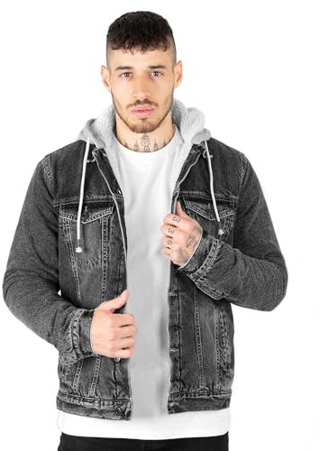 NOROZE Men's The Trucker Denim Long Sleeve Jacket | Washed Denim Sherpa Fleece Hoodie Western Style Jean Coat (M, Black)