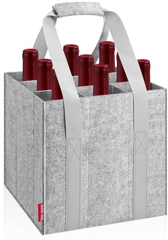 Eurhomewit Bottle Bag 9 Compartments, Wine Bottle Carrier Felt Wine Tote Bag Holder with Protable Handles, Reusable Wine Bottle Bag for Transporting Red Wine, Champagne, Beer and Water Bottles - Grey