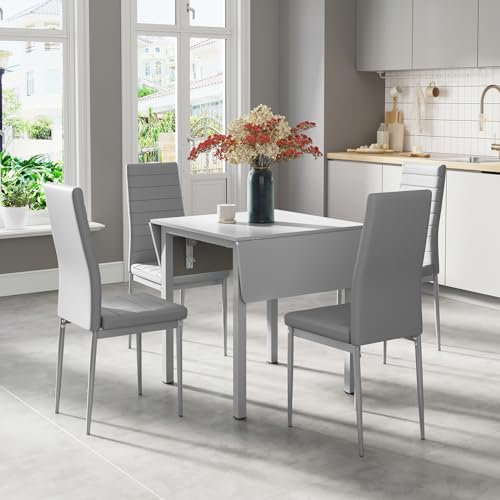 JEFFORDOUTLET Dining Table and Chairs, Drop Leaf Kitchen Table With PU Leather High Back Chair