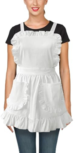 DAZZLUXE 1 Stück Rüschen-Spitzenschürze, Dienstmädchen-Rüschen-Vintage-Schürze, Doppeltaschenschürze, Französische Dienstmädchenschürze, Kellnerschürze, Damen-Rüschenschürze (Weiß)