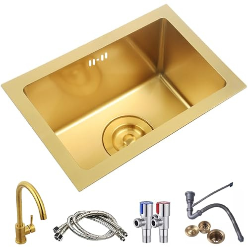 Fregaderos De Cocina, Fregadero Cuadrado Pequeño De Un Solo Tazón Dorado, Instalación Empotrada O Bajo Montaje, Fregadero De Preparación De Barra Hecho A Mano con Drenaje (Color : GoldB, S : 38x26x2
