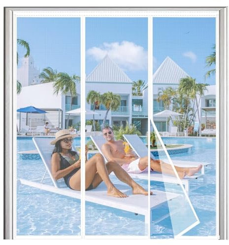 Zanzariera magnetica,175x250cm con magneti, per balcone e porta finestra, fissaggio rapido su finestre e balconi, in legno e alluminio Bianco