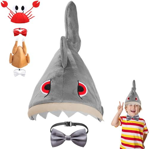 AUNGKWANG Hai Kostüm Lustige Hüte, Hai Mütze mit GrauFliege, Halloween Weihnachten Ostern Party Dekoration Kostüm Zubehör für Festival Cosplay Jungen Mädchen Erwachsene Kind